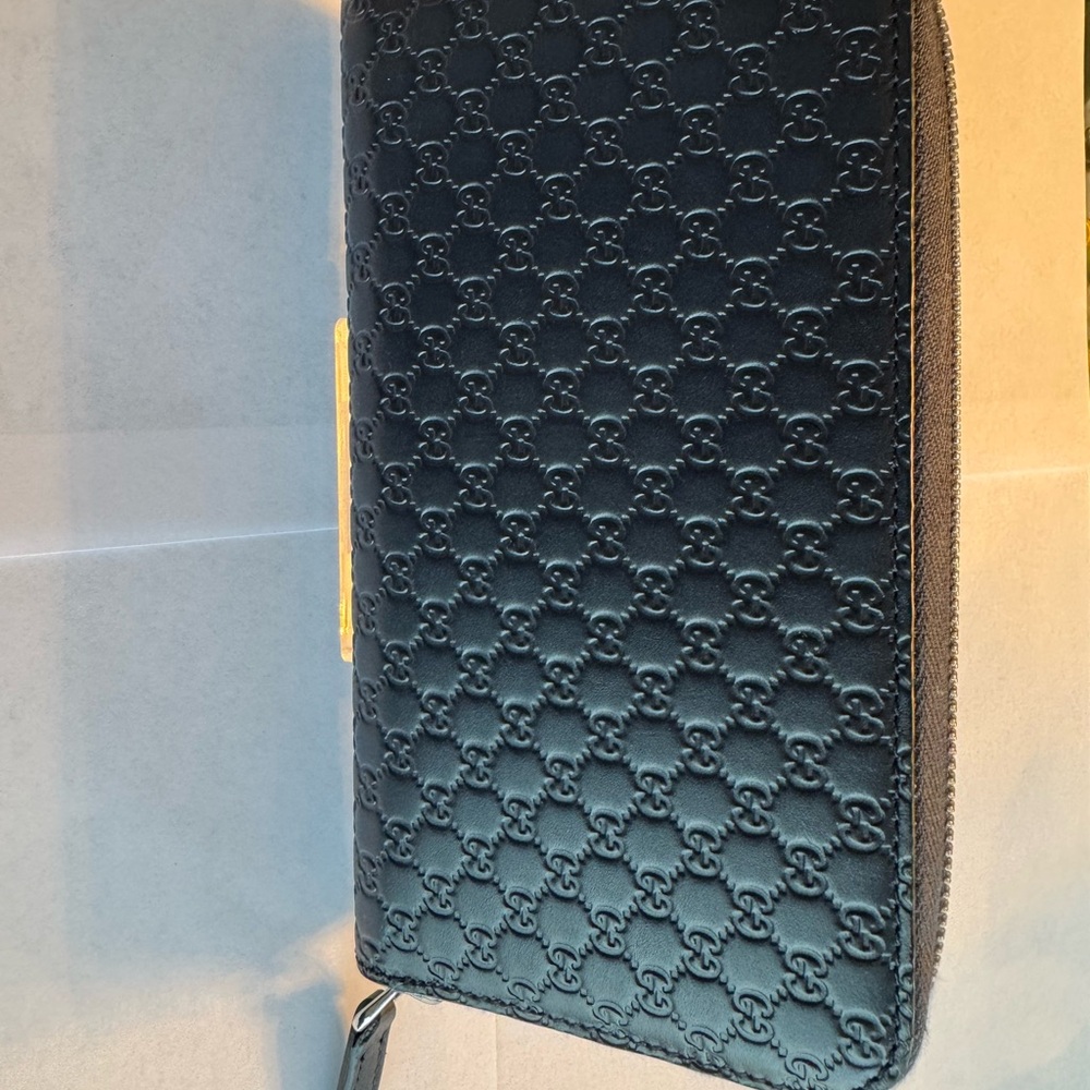 Gucci Navy Embossed Long Zip Wallet